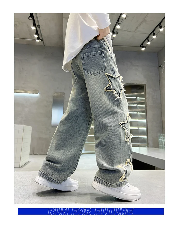 Koreanische Kinder-Jungen-Freizeitjeans mit Fünf-Punkt-Stern-Print, Denim-Hosen für Kinder, Bestseller, Jeans mit elastischem Bund, für Kinder von 5 bis 14 Jahren – Detail 10