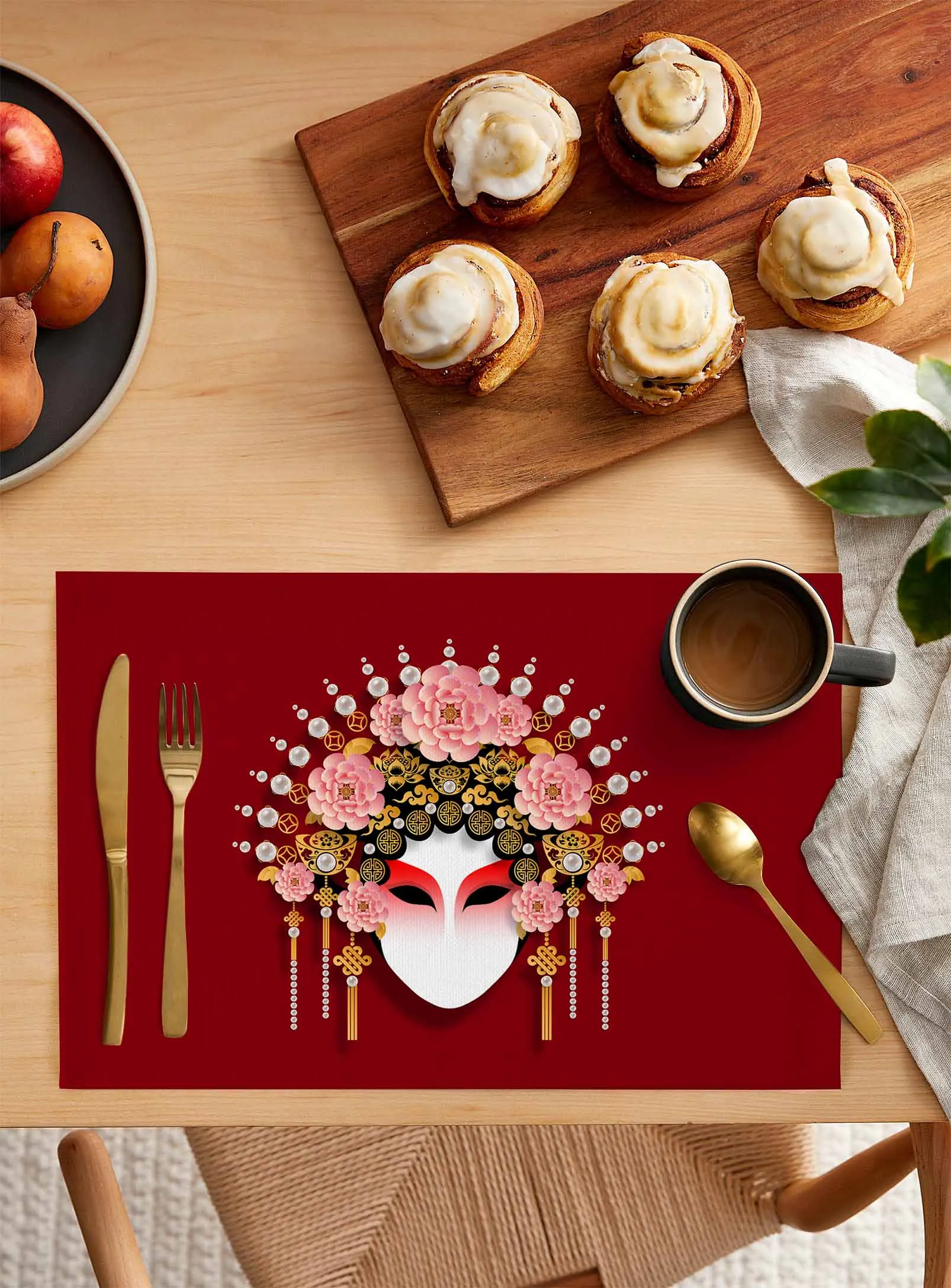 Red And Beautiful Traditional Chinese Opera Coffee Dish Mat Kitchen Placemat Dining Table Rug Dinnerware 4/6pcs Pads