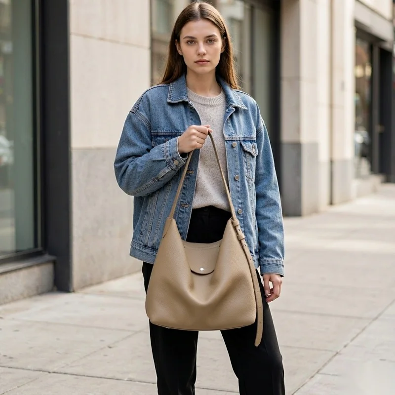 Women Full Grain Cowhide Hobo Bag Large Capacity Shoulder Tote Ladies Roomy Travel Genuine Leather Female Minimalist 2026