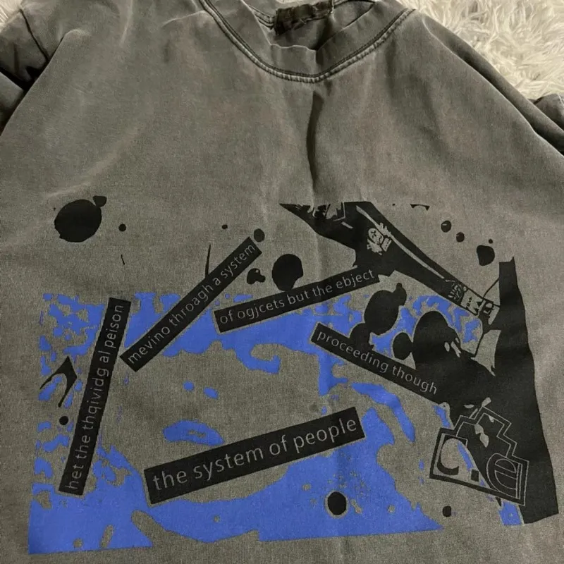 Summer Retro Washed Wax CAVEMPT Tshirt Blue Abstract Pixel Print Cotton Round Neck Short Sleeve Loose Street Men Women CE Tops