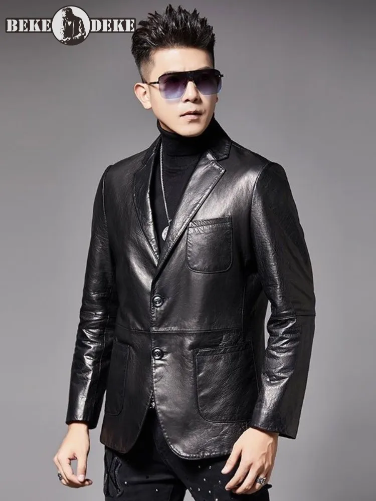 

Office Work Mens Business Genuine Leather Suit Jacket Slim Fit Single Breasted Fashion Spring Casual Sheepskin Black Blazers