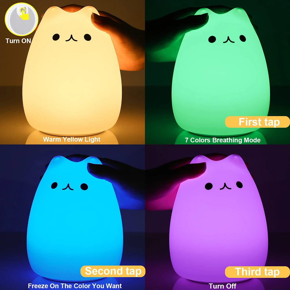 LED Night Lamp Touch Sensor Silicone Cute Cat Lights 7 Color Table Lamp Eye Protection Bedroom Bedside Nightlight Gift Children