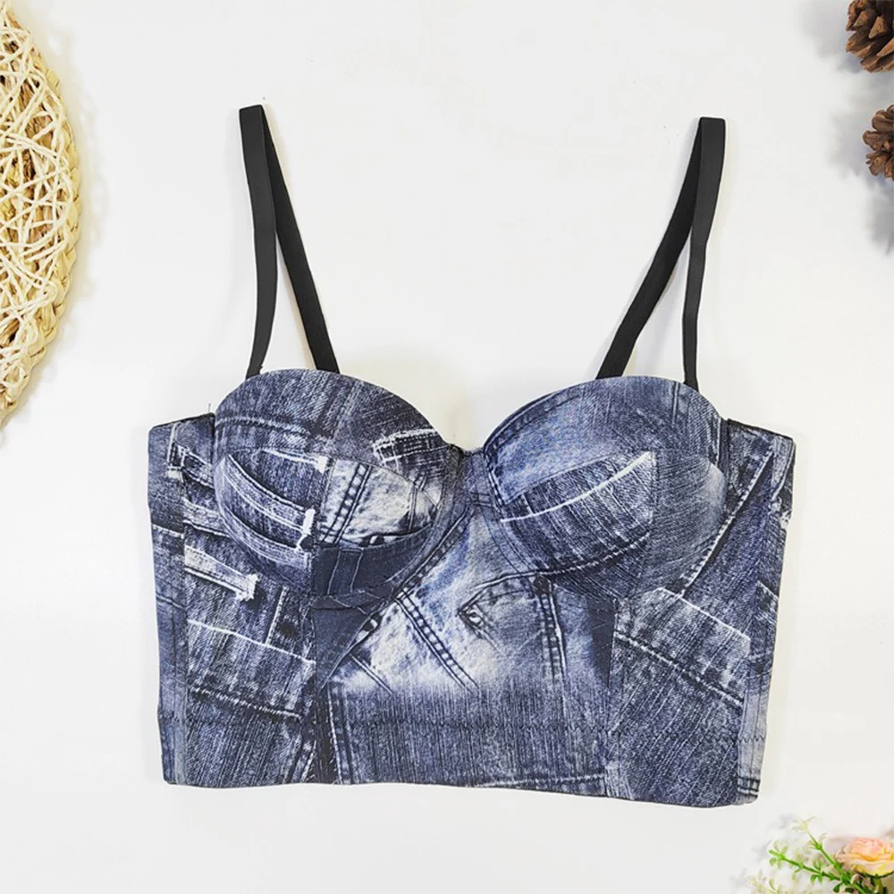 IRENE TINNIE 2024 Club Party Crop Top Lingerie Plus Size Streetwear Denim Bra Push Up Bralet Women Tube Top Corset Bustier Bra