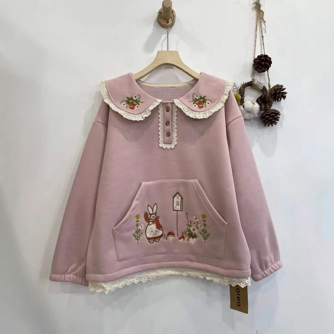 Japanese Sweet Mori Girl Cartoon Embroidery Fleece Pullovers Women Autumn Winter Peter Pan Collar Long Sleeve Sweatshirts Tops