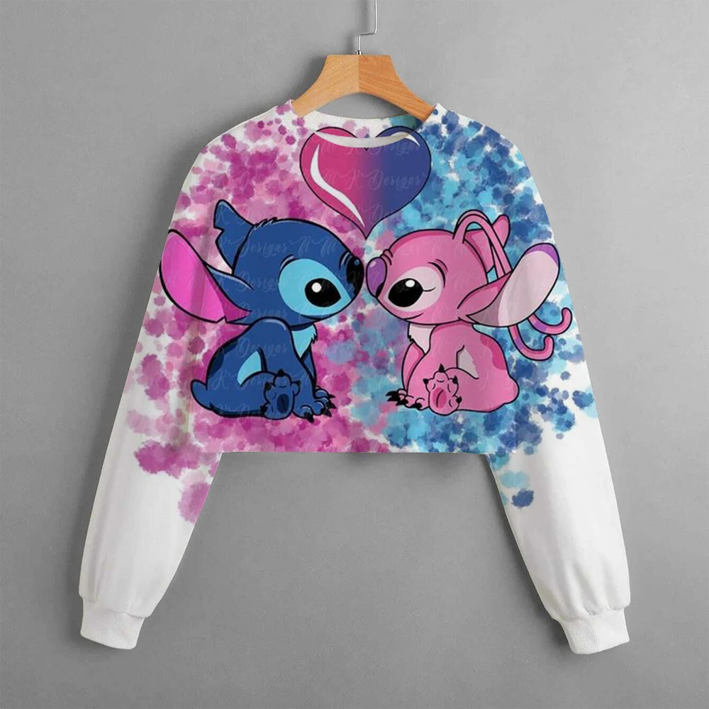 Girls Hoodie Casual Cartoon Anime Fun Print Children\'s Top Spring and Autumn Disney Lilo&Stitch Girls\' Short Round Neck Sweater