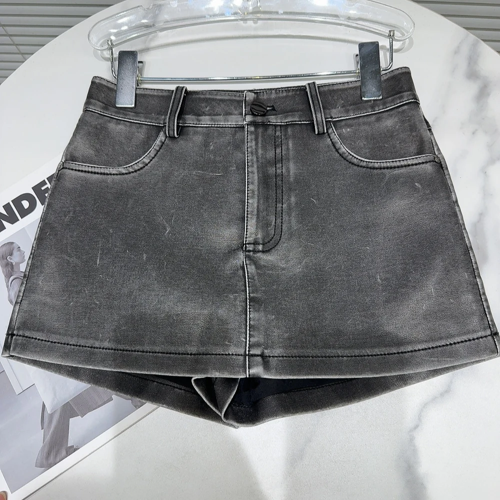 レトロなウェイドレザーの女性用スカート、アメリカンスタイルのトレンディなミモレ丈Aラインスカート、スタンドフィット、デイリーウェア、2025年冬