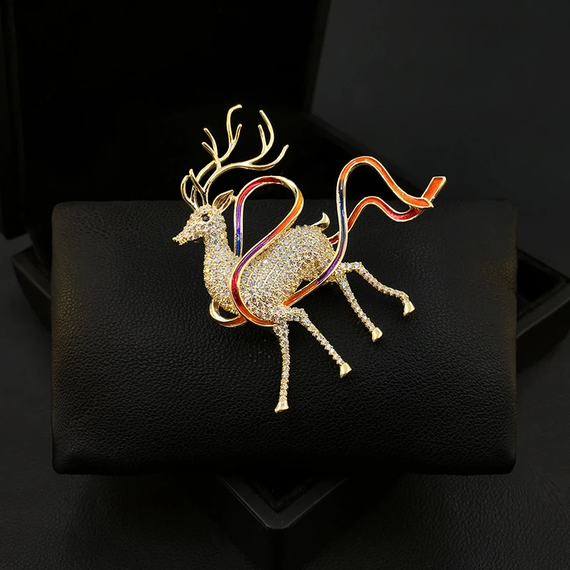 Colorful Ribbon Christmas Deer Brooch Women High-End Suit Coat Neckline Ornament Cardigan Animal Pin Gift Jewelry Accessory 5377