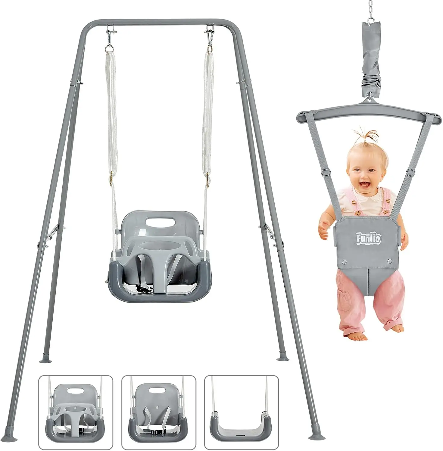 2 in 1 Swing Set for Toddler & Baby Jumper, Heavy Duty Kids Swing & Bouncer with 4 Sandbags, Foldable Metal Stand for Ind