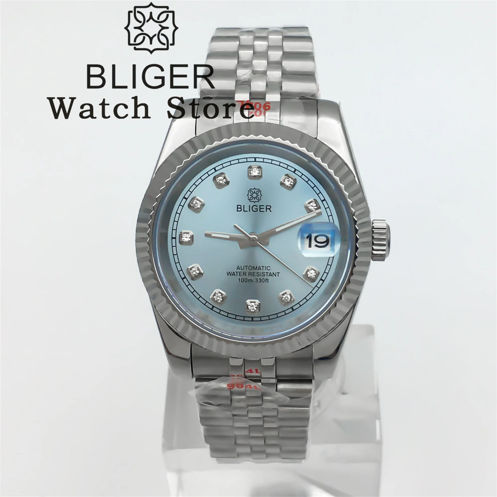 BLIGER 36mm/39mm Wristwatch NH35A Sapphire Automatic Steel Watch for Lady Men Sky blue Sunburst Dial Diamond Marks Luminous Date