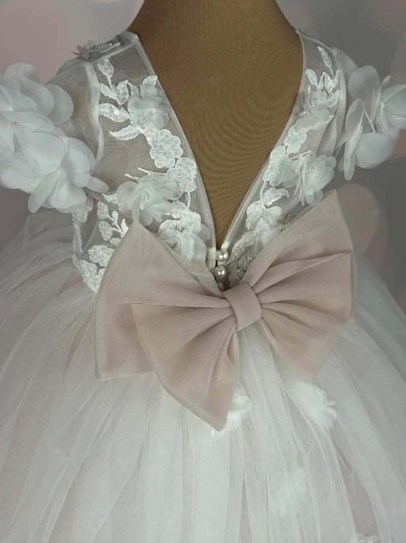 Robe de Princesse à Fleurs pour Fille, Tenue de Soirée de Mariage, en Dentelle Florale, Appliques en Tulle, de Bal, de Première Communion, avec Traîne Amovible