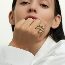 Triple Layer Row Round Ball CZ Band Gold Color Fashion Women Full Finger Rings