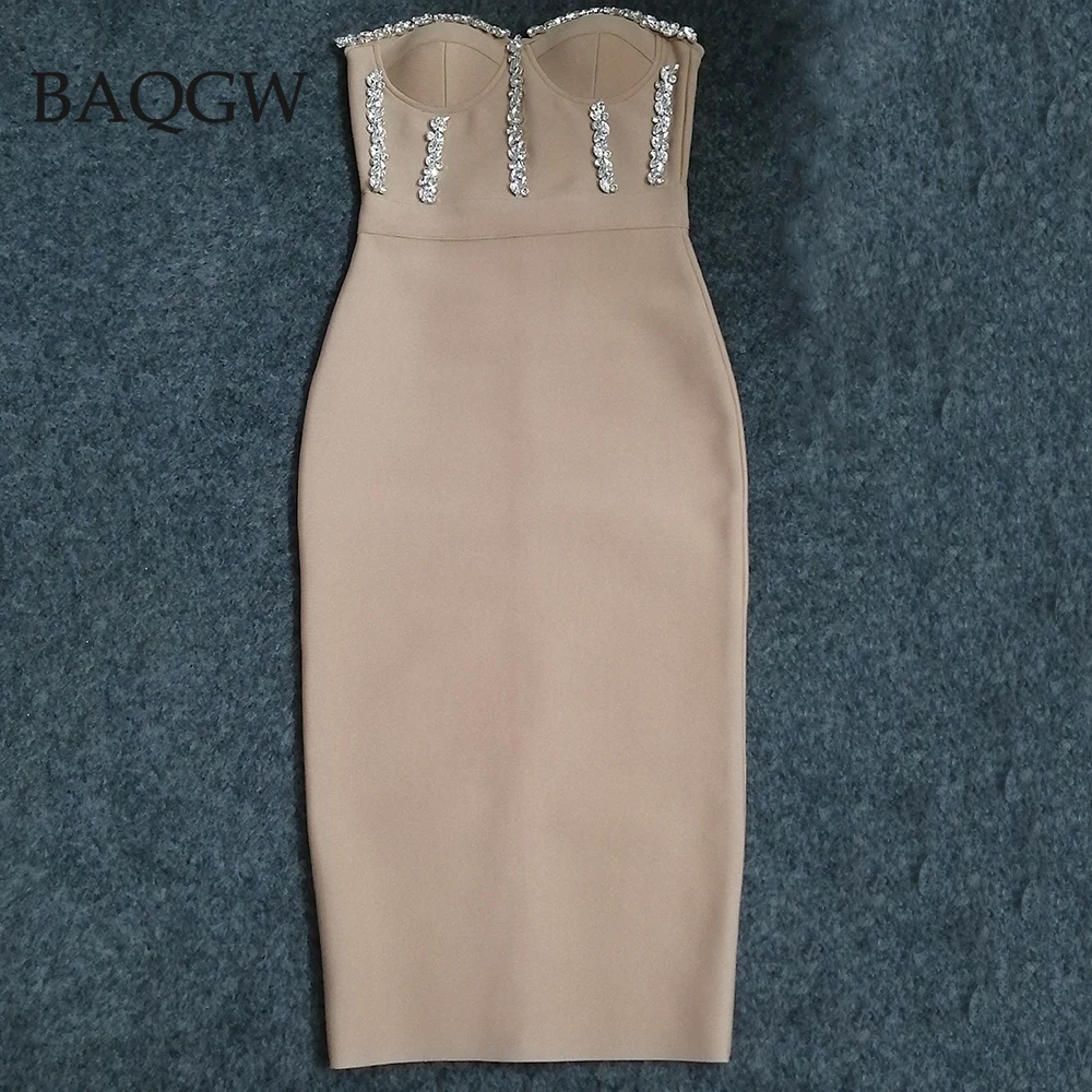 Women Dress Bandage Bodycon 6 Colors Strapless Elegant Beading Party Evening Club Luxury Midi Dresses Summer Autumn Clothes