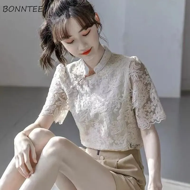 Lace Short-sleeve Blouses Women Leisure Temperament Design Chic Chinese Style Vintage Tops Summer Streetwear Fashion Office Lady