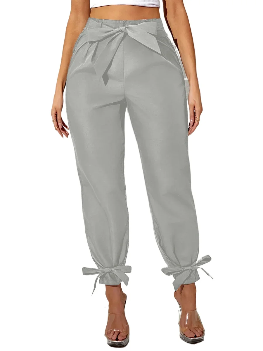 New Casual High Waist Pants for Women Bowknot Pocket Solid Color Loose Long Pant Streetwear Autumn Outfits Lace up Bottom