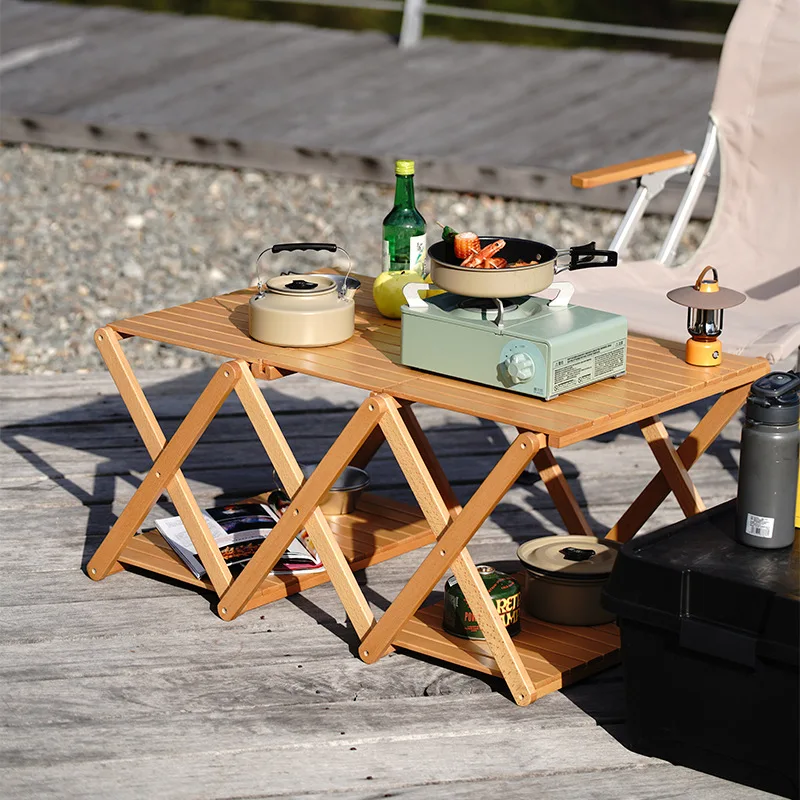 Camping Portable Picnic Self-driving Tour Multi-layer Japanese-style Solid Wood Folding Shelf y