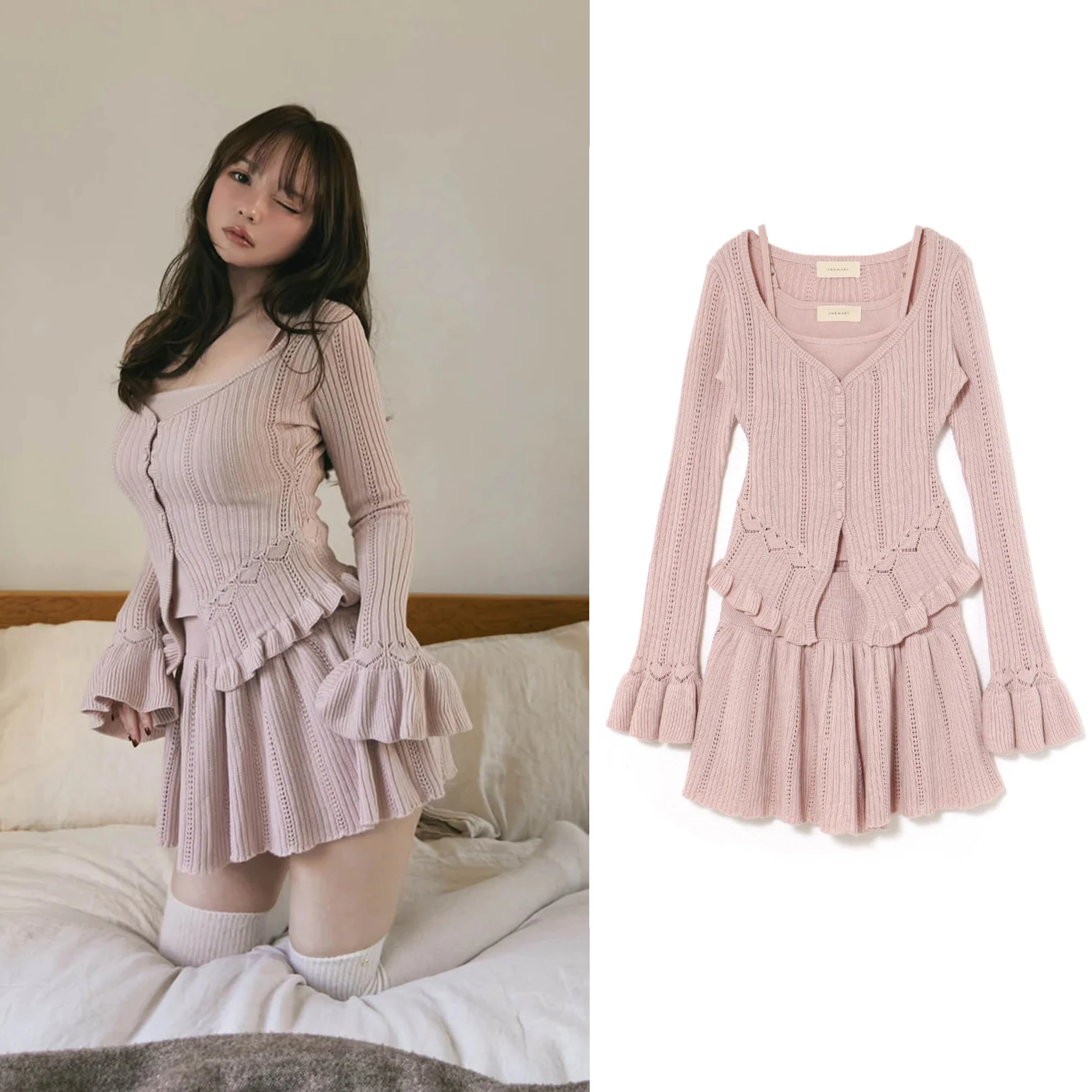 

Andmary Sweet Design Spring 2025 ort A-Line Skirt Set with Long Sves Knitted Wood ain round Ne ort Length