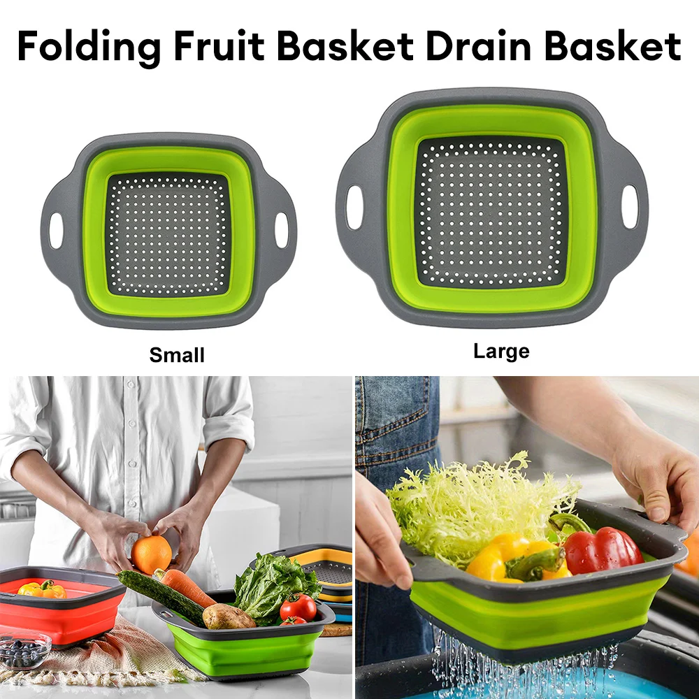 Folding Silicone Drain Basket Square Vegetable Kitchen Washing Drain Basket Collapsible Kitchen Strainer Fruit Cleaning Basin