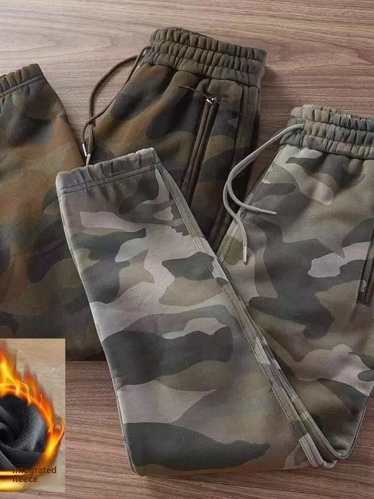 

Men's Casual Camouflage Fce Lined Tight Fit Sports Pants Autumn Winter Sle Elastic Waist Bandage Trousers Warm Leisure