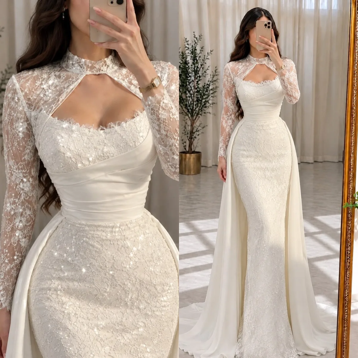 Luxury Ivory Sheer Lace Long Sleeve Mermaid Dress with High Neck Cutout  Women Wedding Gown Customized D262139