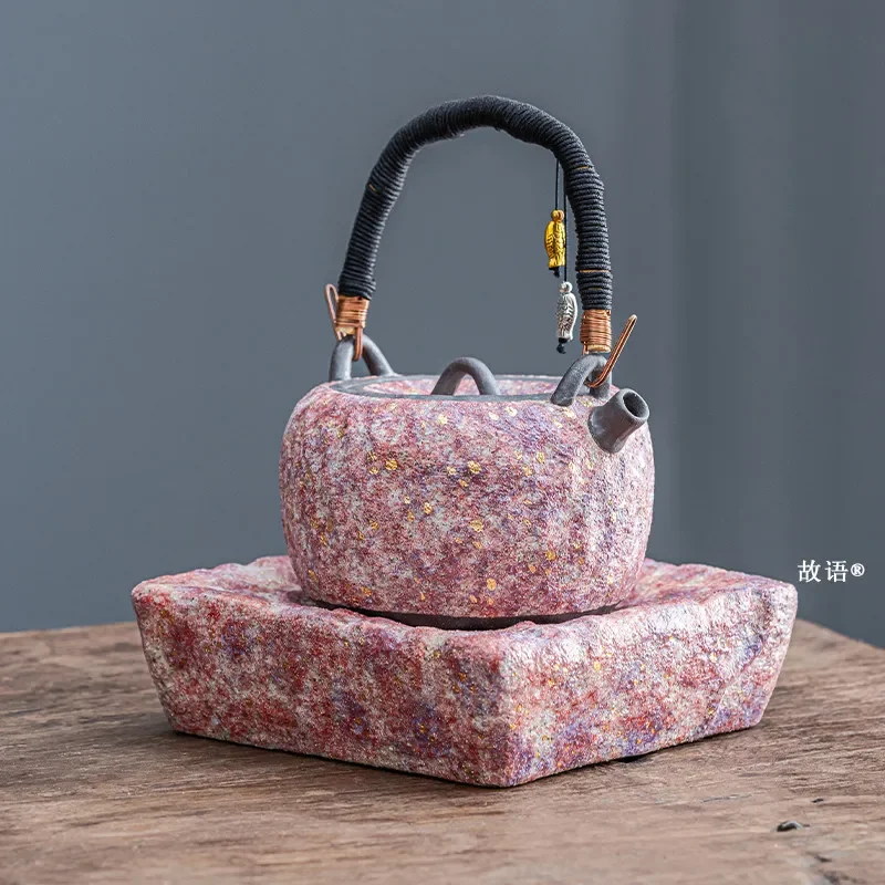 Pink Colorful Rock Ore Colorful Lifting Beam Handmade Retro Teapot Rough Pottery Japanese Teapot Cool High-end Gift Set Giving