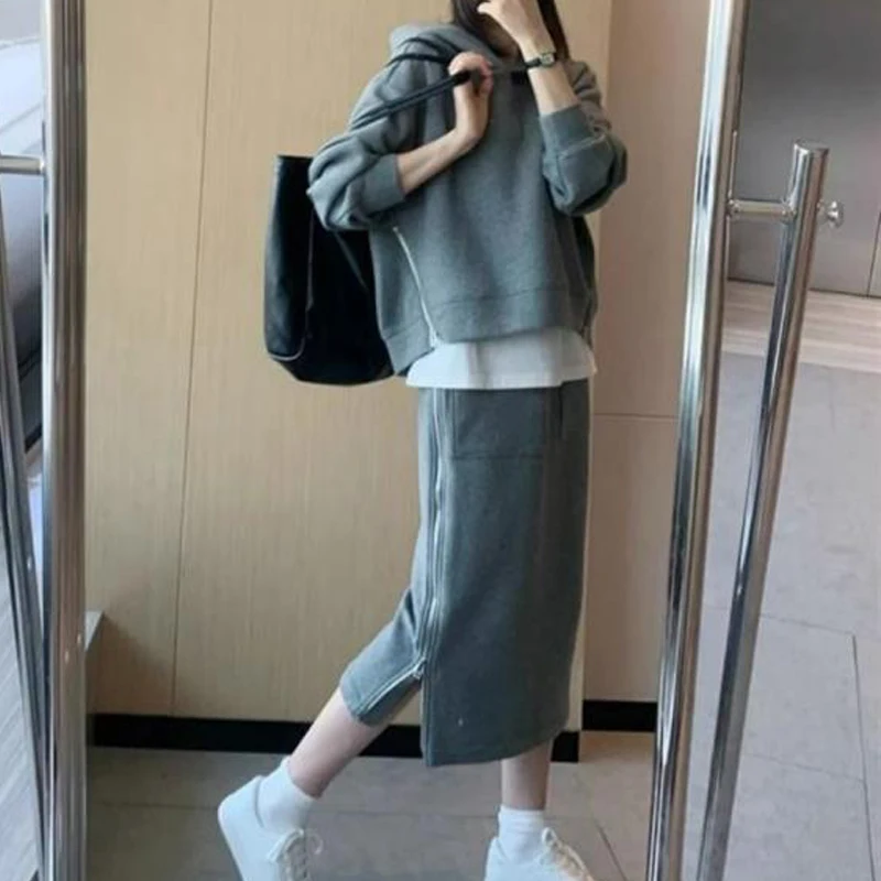 2 Piece Sets Women Trendy Casual Streetwear Y2K Oversized Hooded Sweatshirts 2023 Autumn Gray High Waist Split Midi Skirt Outfit