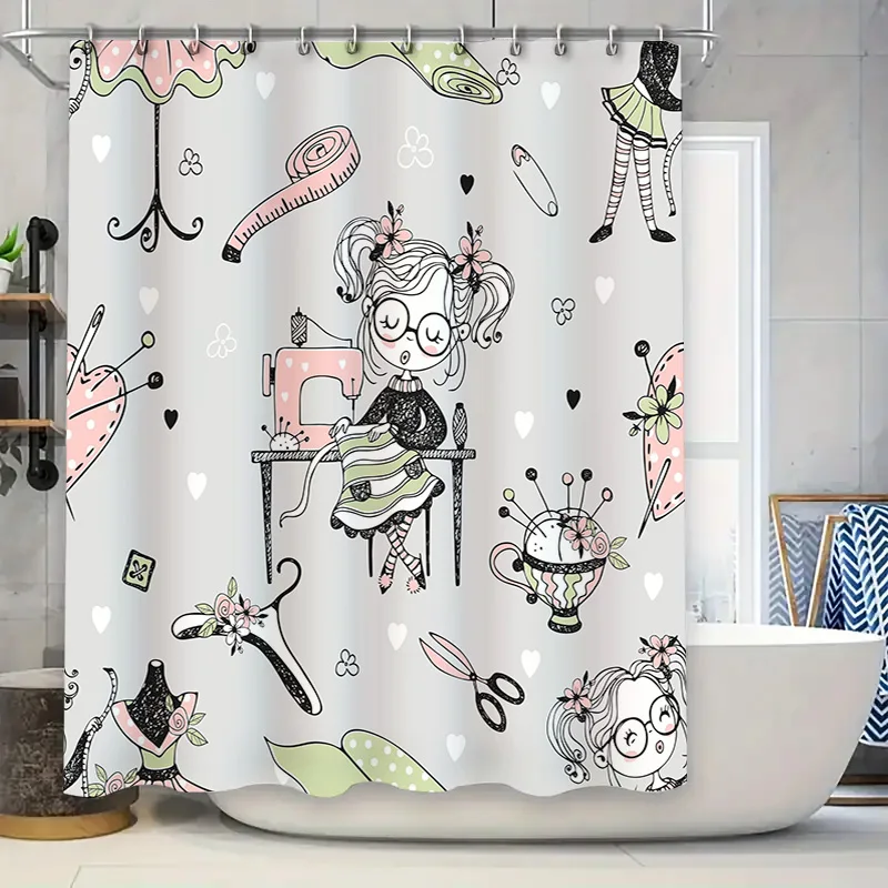 Floral Pattern Sewing Machine Cartoon Shower Curtain for Bathroom Decor White Pink Green Black Modern Kids Bath Mat Set 180x245c