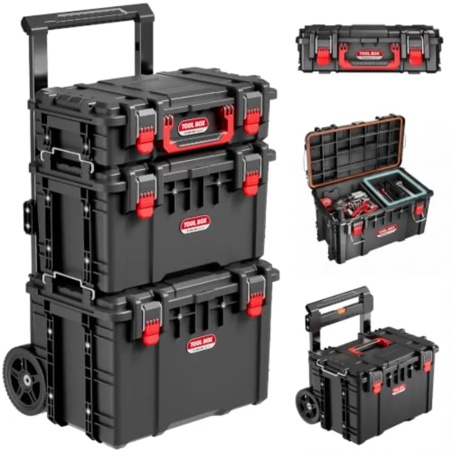 Garage storage tool box system: rolling modular 3-piece set in black steel with heavy-duty casters, large main unit + small par