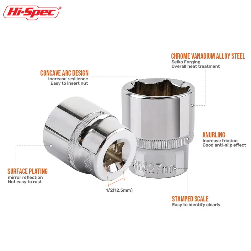 Hi-Spec 8-36mm 1/2 "Drive Set di bussole a impatto profondo CR-V Chiave a cricchetto in acciaio Prese esagonali Rimozione dado Utensili manuali Set di bussole
