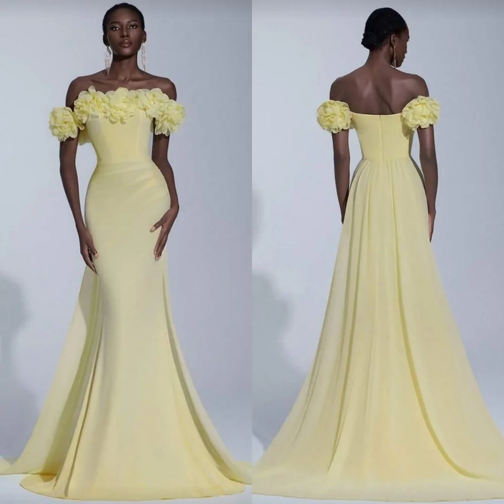カスタマイズされた高品質のエレガントな手作りフラワープリーツマーメイドオフショルダーロングドレスオーダーメイドオケージョンドレスマッチング