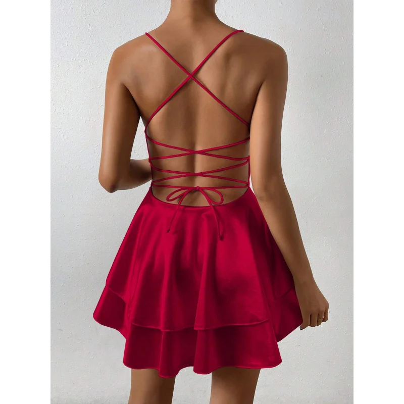 فستان نسائي جديد لربيع وصيف 2025 مثير بدون ظهر وخصر مقصوص من الساتان فستان مكشكش صغير