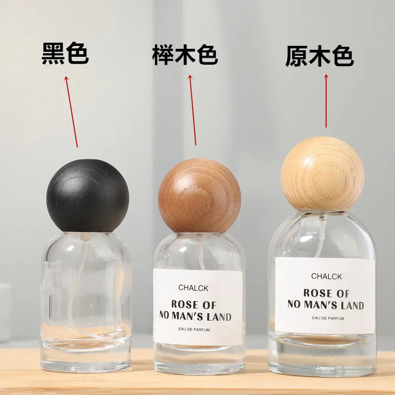 60pcs Round Perfume Bottle 30ml 50ml Clear Empty Repeatedly Filled Perfume Glass Bottles With Wooden Cap