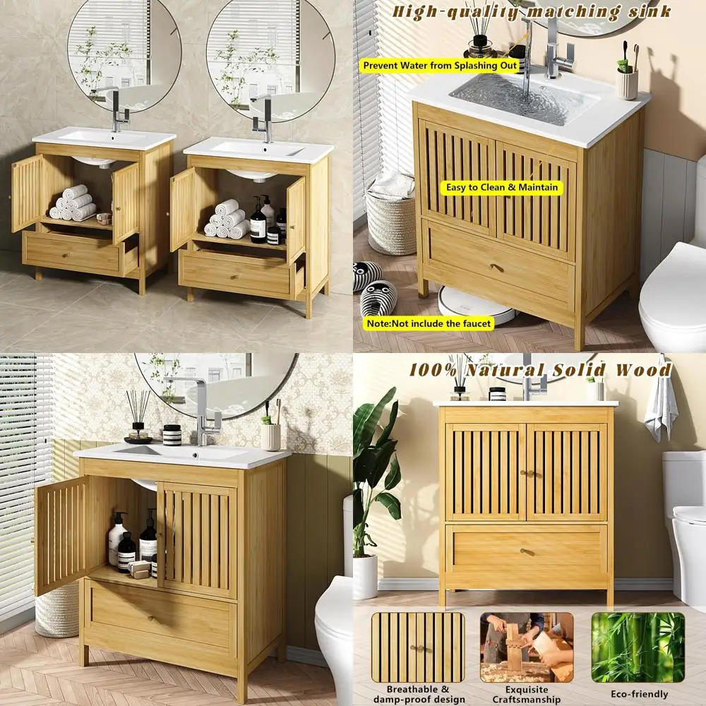 

60" freestanding double sink solid wood farmhouse style bathroom vanity with ample storage