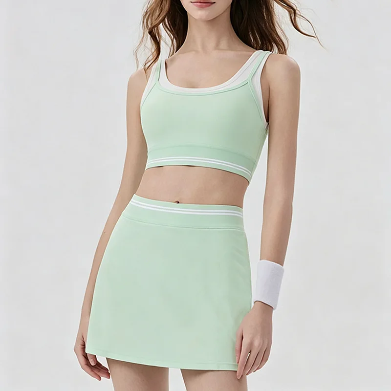 New Contrast Color Yoga Suit Women's High Waist Anti-light Tennis Skirt Quick-drying Beautiful Back Yoga Fitness Sport skirt