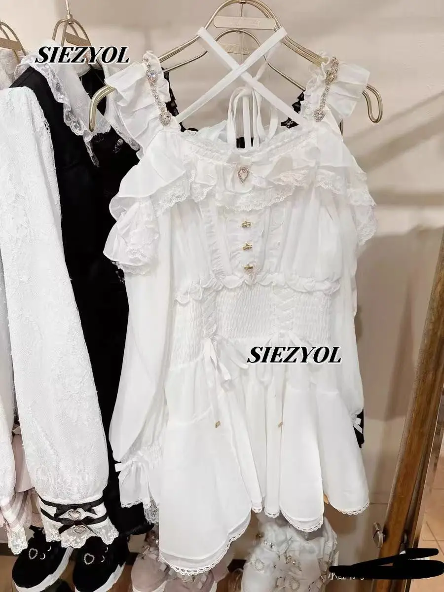 

Japanese Style Mass Production Floral Chiffon Short Dress Sweet Girls Off-shoulder High Waist Fairy Long Sleeve Suspender Dress