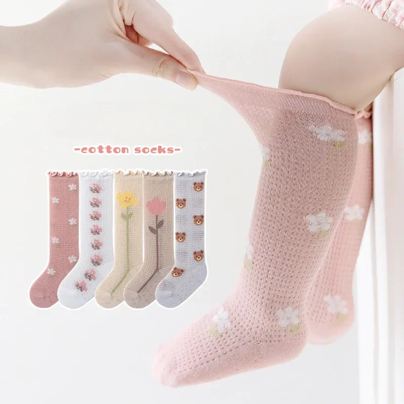 1 Pair Summer Baby Girl Sock Cartoon Bear Aesthetic Floral Knee High Sock for Toddler Girl Soft Cotton Mesh Breathable Sock