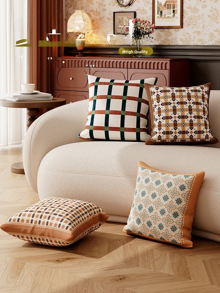 

2026 New American Style Plaid Pillow Luxury High-End Combination Cushion Vintage Home Use Square Pillowcase Universal