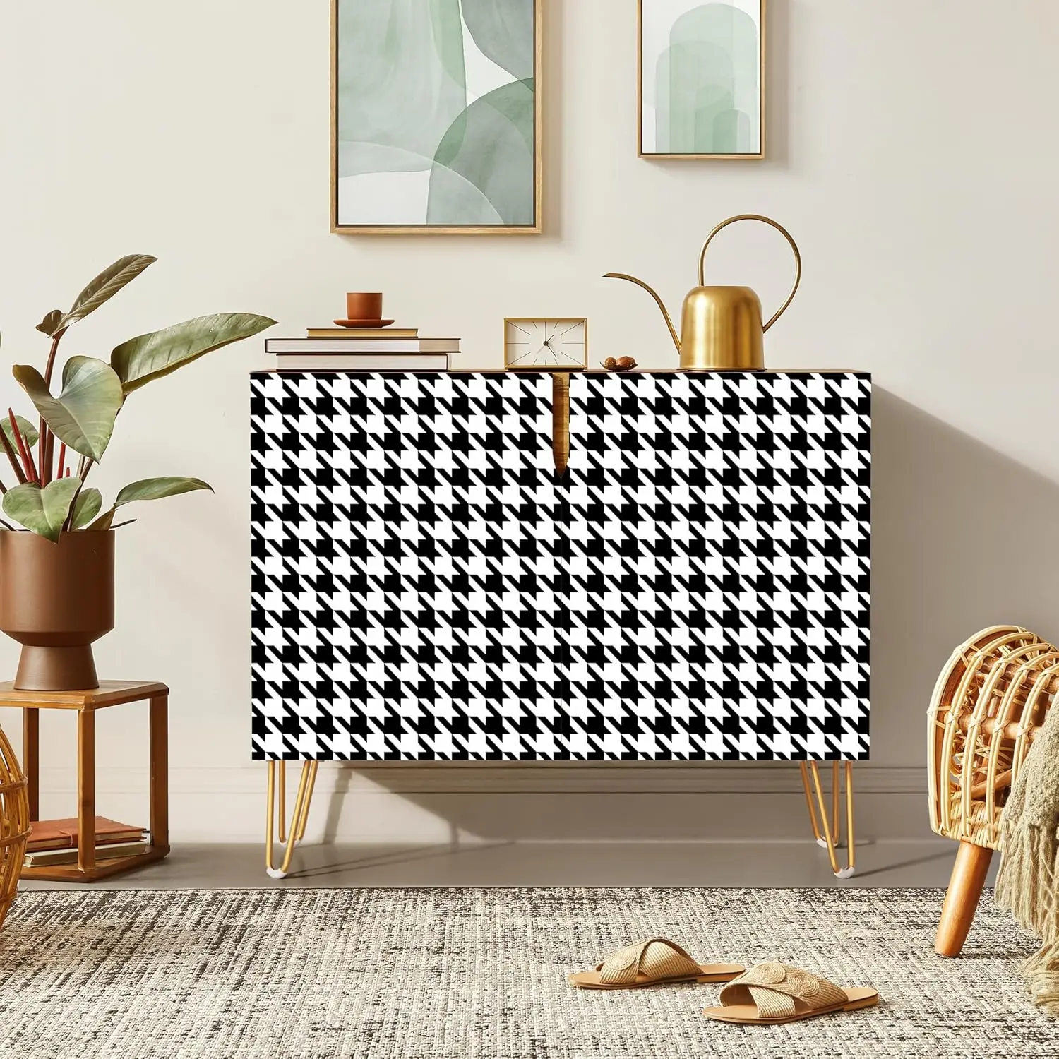 Sideboard Buffet Cabinet Kitchen Storage Cabinet with 2 Doors Houndstooth Black and White Patterned Cupboard Console Table