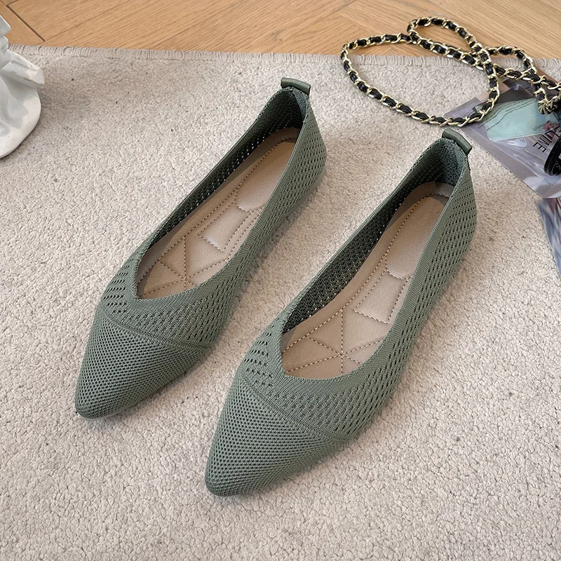 Women Pointed Shallow Flat Heel Shoes Fashion Loafers Soft Bottom Ballet Flats Classic Knit Mesh Non-slip Sole Barefoot Shoes