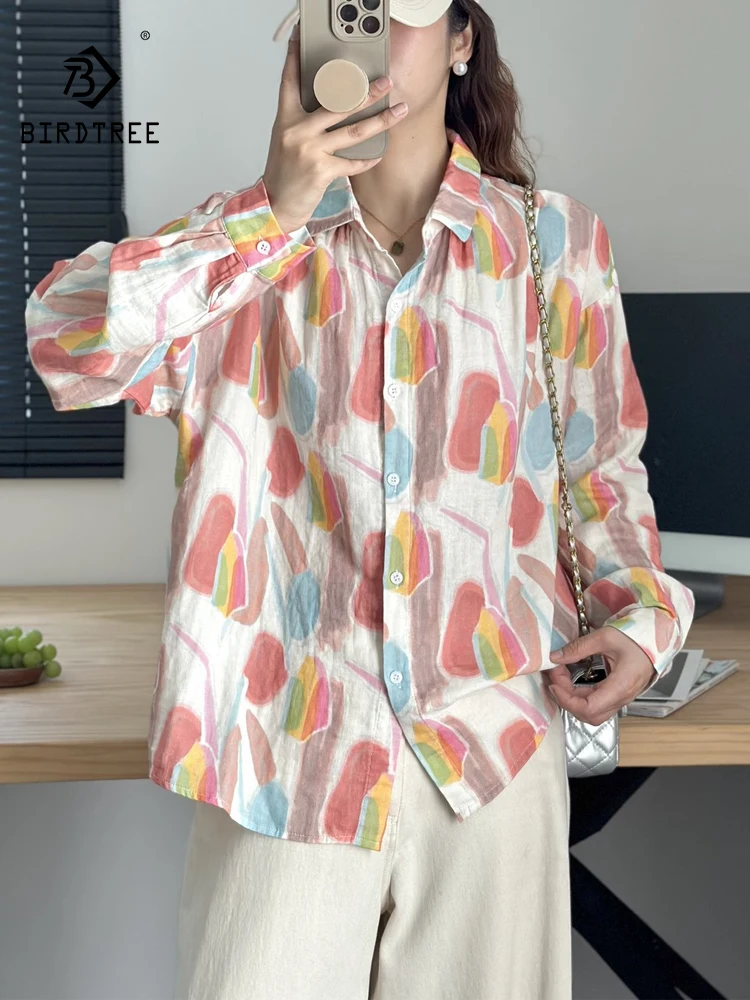 

New 2025 Autumn Cotton Long Sleeve Shirt, Women Turn-down Collar Graffiti Print, Mori Girl Fashion Casual Loose Blouse T58291CC