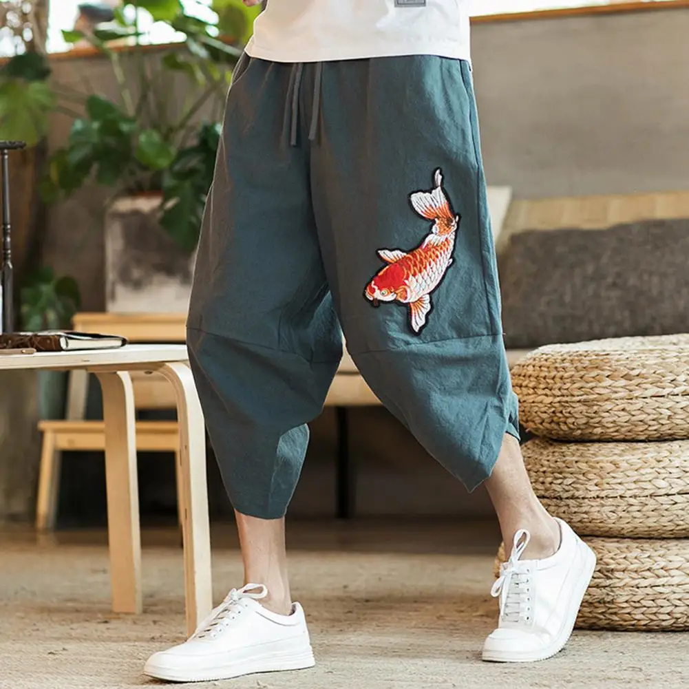 Men Trousers Summer Loose Capris Pants Embroidery Carp Fish Vintage Drawstring Harem Pants Casual Joggers Baggy Pants Men Pants