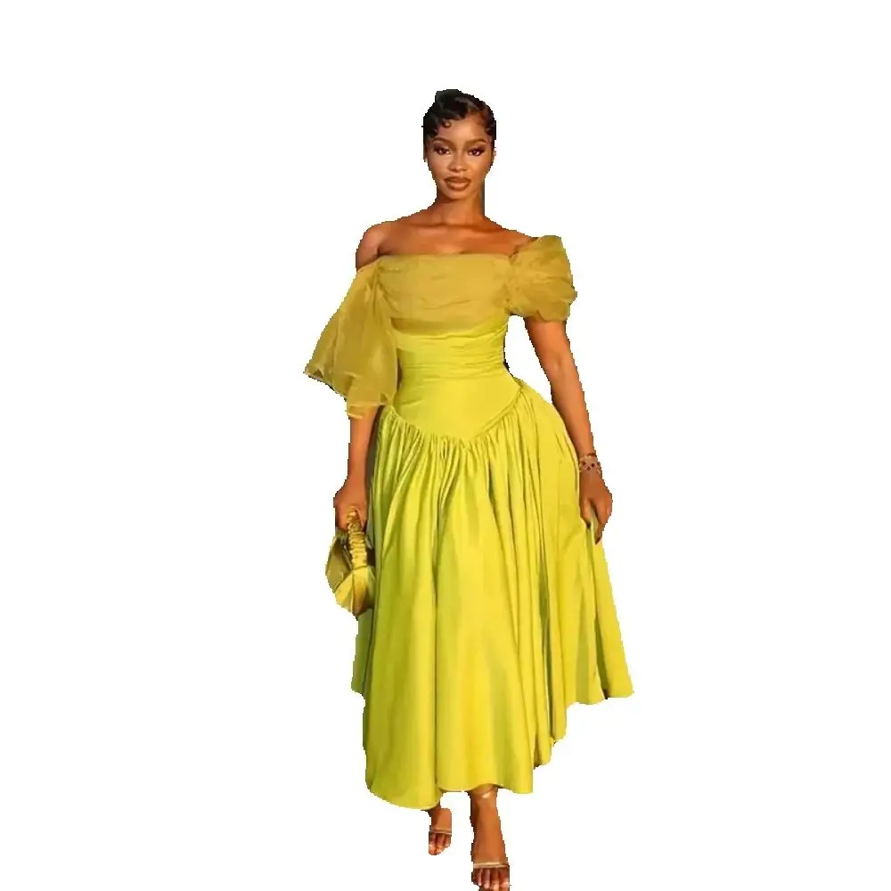 Lichtgroen A-lijn Galajurken Uit De Schouder Plooien Mouwloos Satijn Feestjurken Enkellange Avondjurk Op Maat