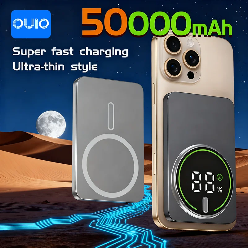 50000mAh 3C شهادة رقيقة قوة البنك الترا المغناطيسي اللاسلكية شحن سريع شاشة عرض البطارية المحمولة آيفون سامسونج