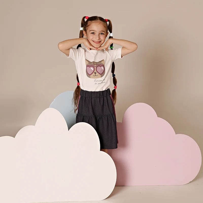 AA SS25 Children Clothes Boy and Girl Cat with Sunglasses Printed Tee Shirt with Denim and Ribbed Skirt/Leggings Kid Casual Wear
