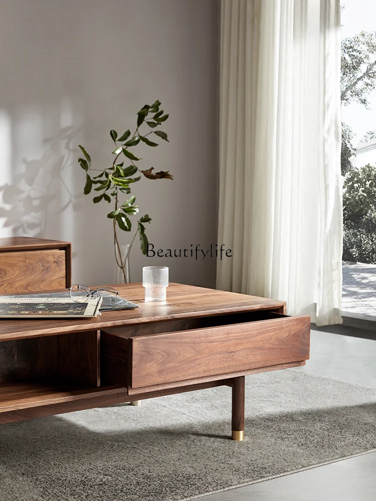 Nordic Solid Wood Coffee Table Black Walnut Modern Light Luxury Glass Furniture