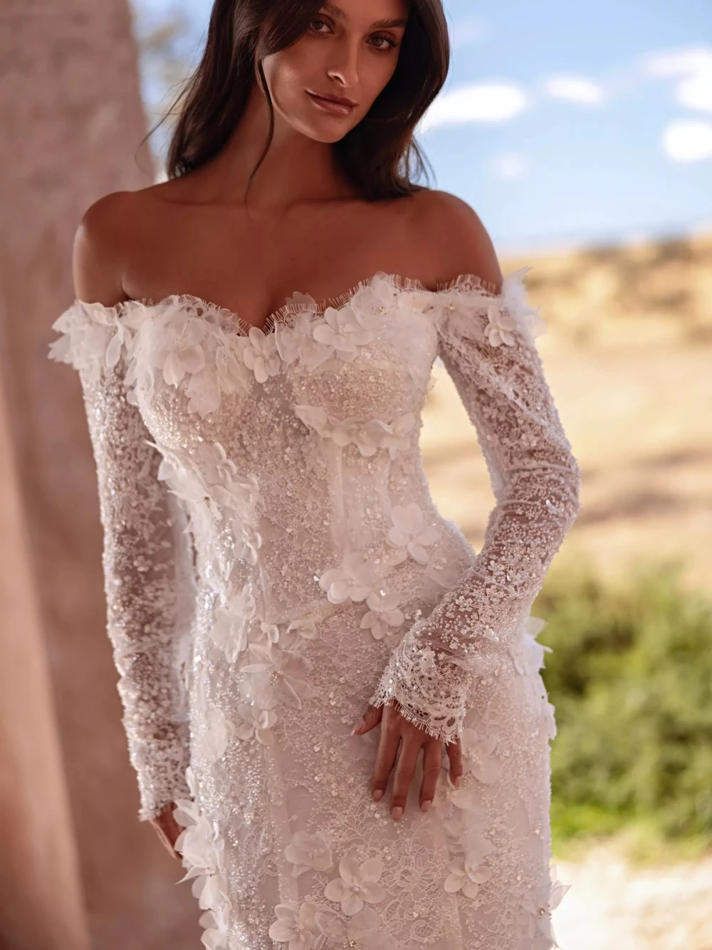 SAROULU Off Shoulder Mermaid Wedding Dress 3D Handmade Floral Appliques Sparkle Beaded Lace Bridal Gown Chapel Train Customized