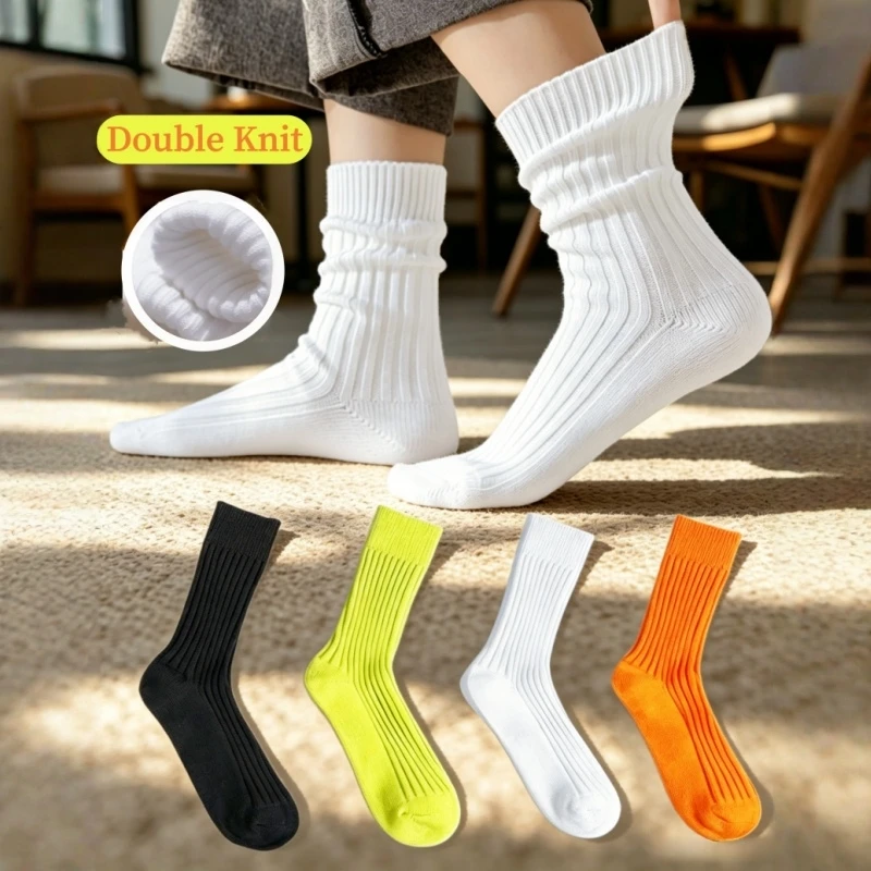 1/4 Pair of Fashionable Solid Color Unisex Sports Socks, Mid-Calf Socks, Couple Socks, Double Knit Craftsmanship, Large Size Women's Socks, Work Socks, Suitable for Spring, Autumn, Summer, and Can Be Worn in All Seasons Comfortable and Breathable, Loose Fit, Black, White, Orange, Green