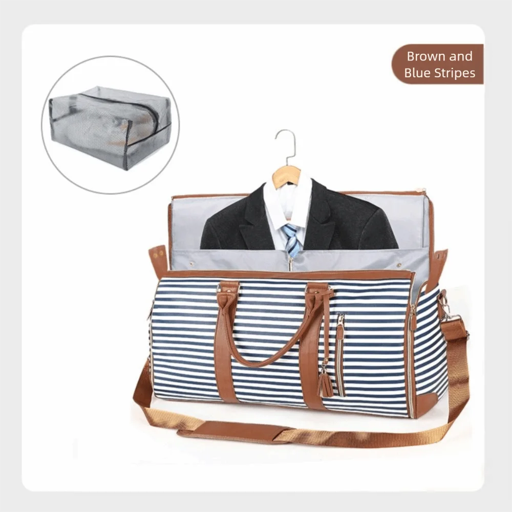 Striped Large Capacity Travel Bag Expandable Foldable Duffle Bag Convertible PU Material Weekend Tote Bags Weekend Getaway