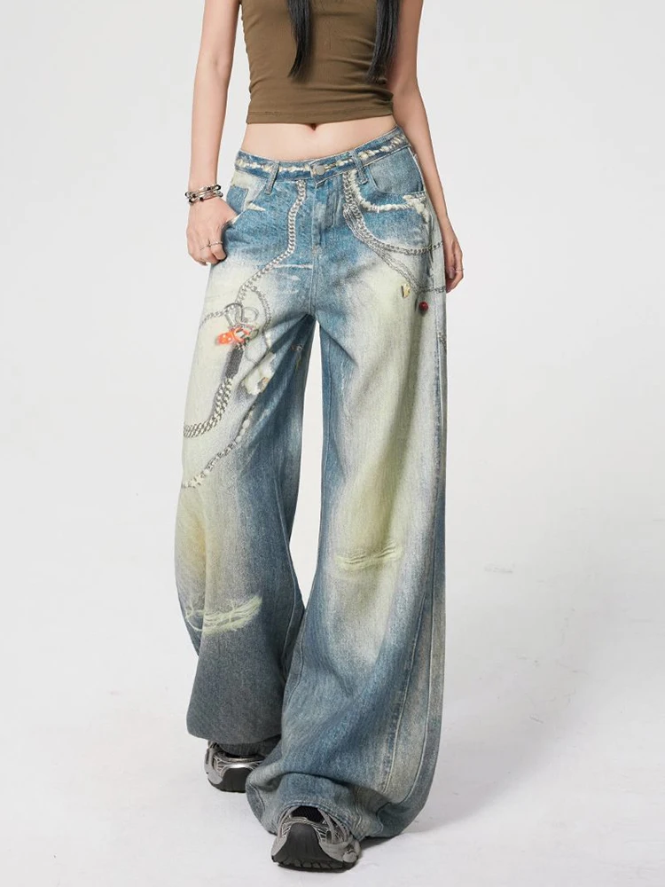 

Fashion Printed Jeans 2025 Retro Floral Denim Mopping Trousers Korean Style High Street Loose Hip Hop Wide-leg Jean Pants