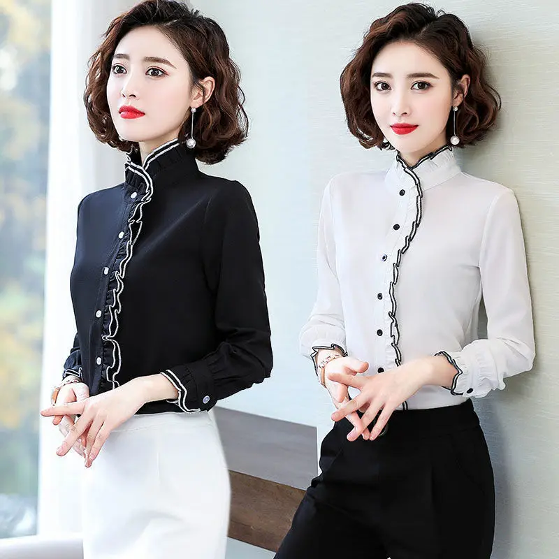 Ruffled Neck Loose Long Sleeve Women\'s Clothing Shirt Oversized Casual Commute Solid ColorTops 2022 Spring New Woman Blouses