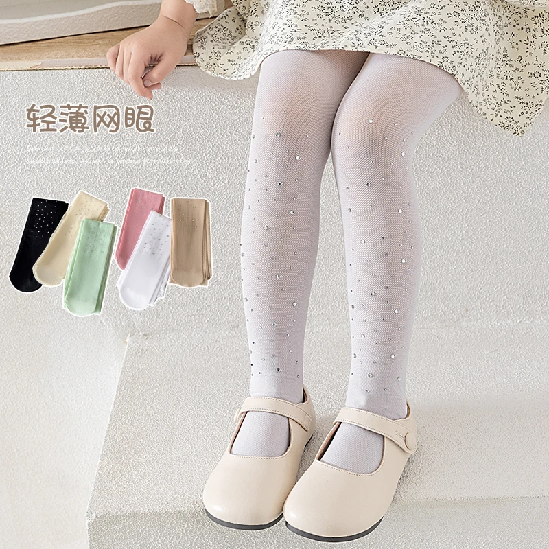 Kids Girls Candy Color Mesh Tights with Rhinestone Decor Breathable Hollow Out Design Soft Stretchy Comfortable Footed Pantyhose